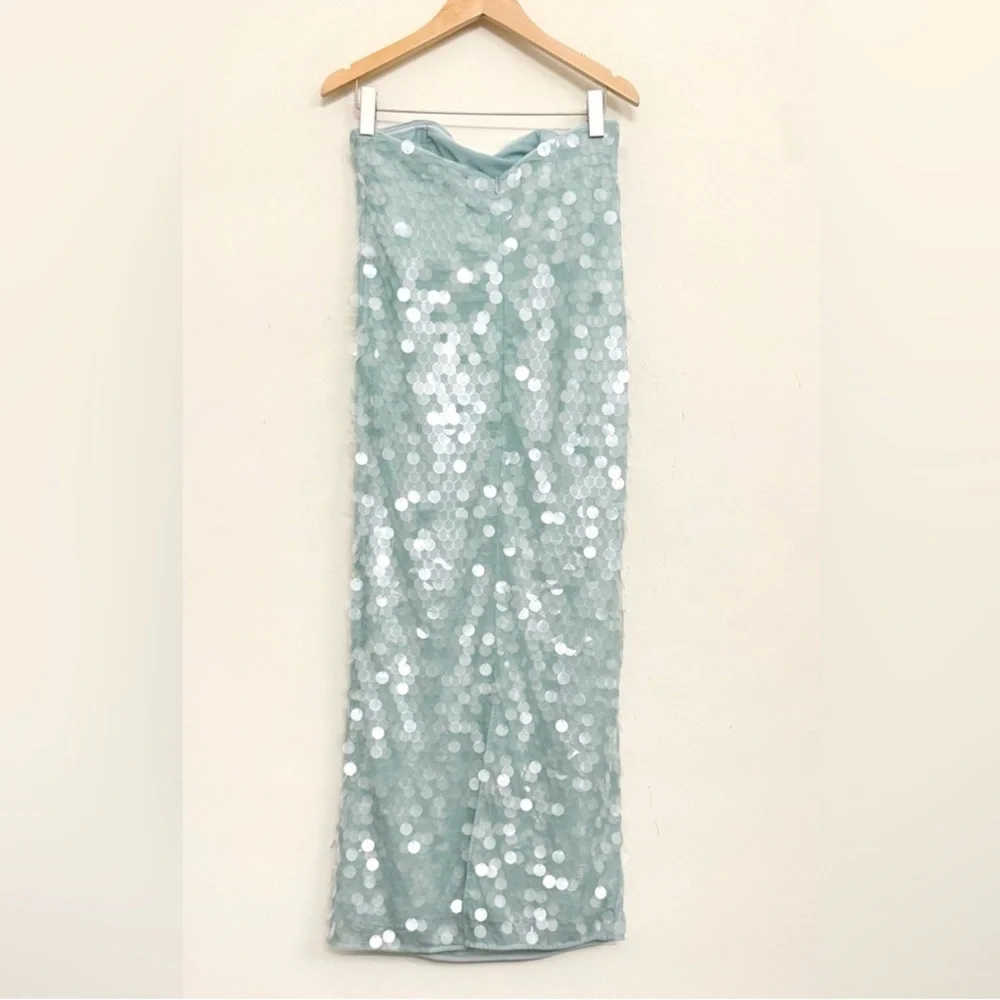 STAUD Casey Strapless Sequin Midi Dress in Mist Aqua Size 8 - Picture 8 of 17